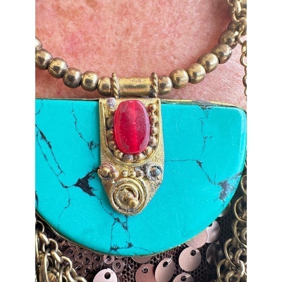 VTG NWT Tanjore India Necklace Turquoise Brass Curb Link Chain Egyptian look - Picture 3 of 11
